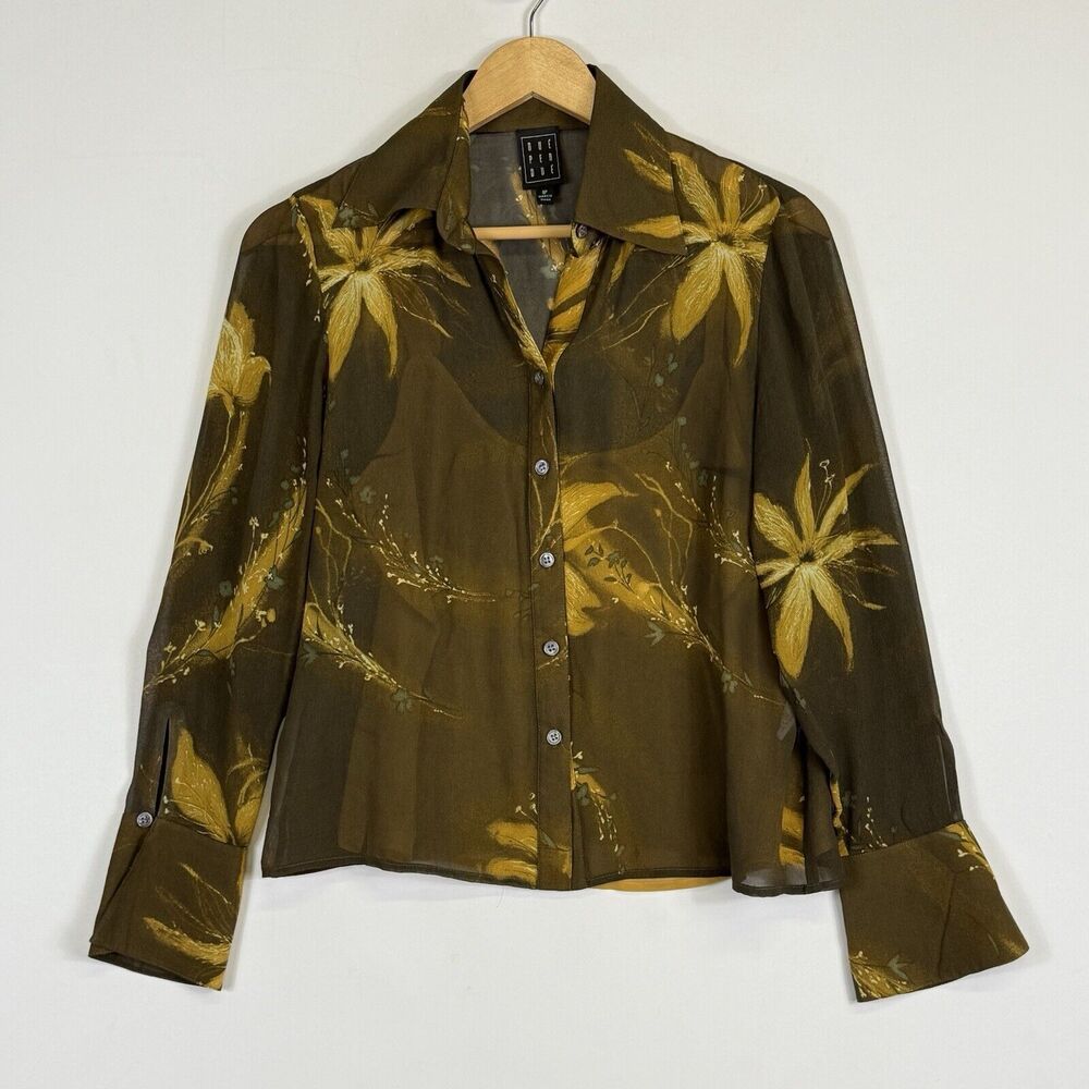 Vtg Due Per Due Women 8 Petite Khaki Tropical Noir Floral Sheer Shirt Top Luxe